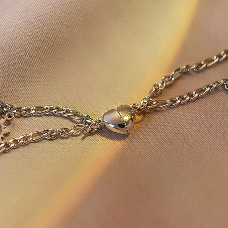 Bracelet2pcs Stainless Steel Non-fading Hip-hop Hand Chain Love Magnet Sun Moon for Couple Girlfriend Simple Hand Jewelry
