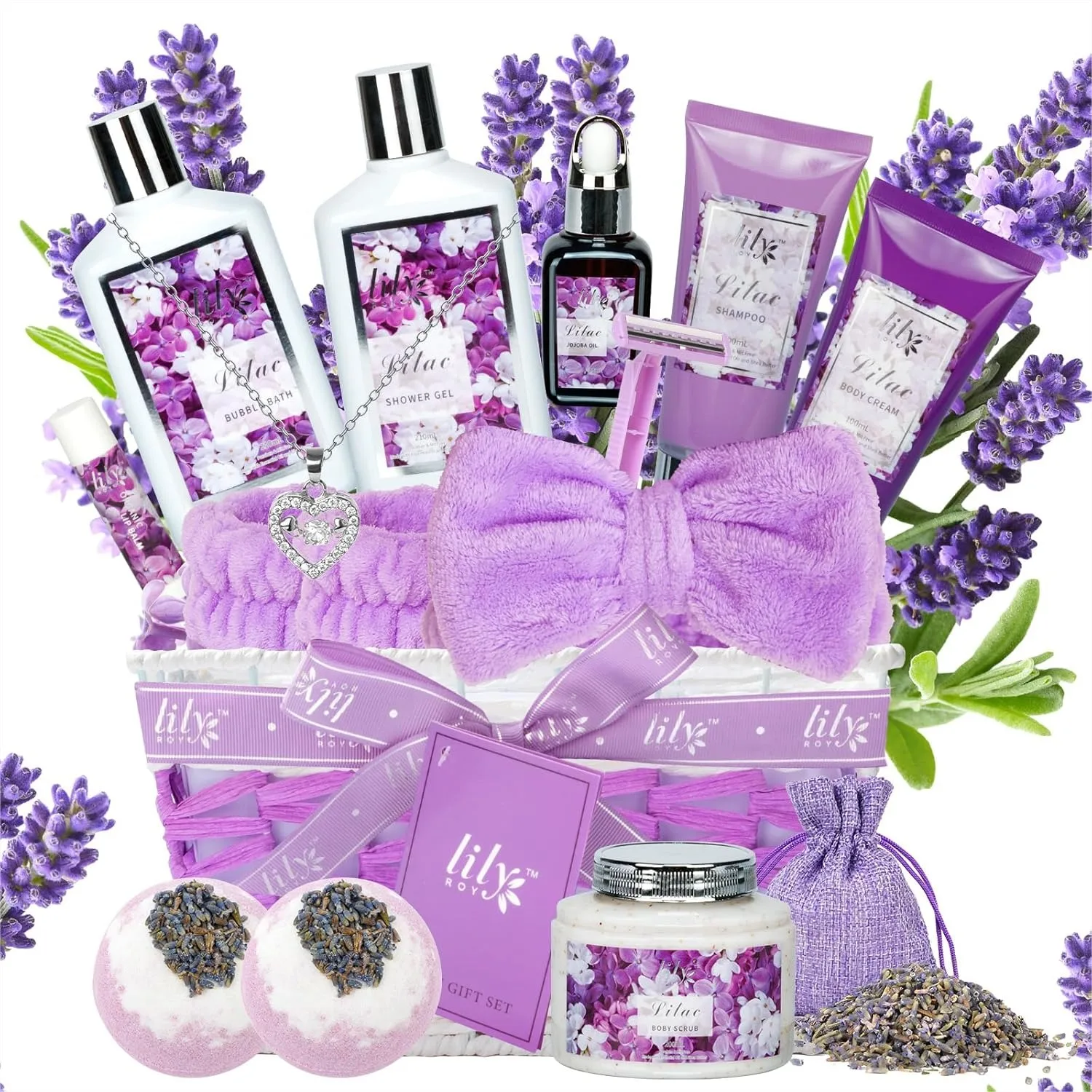 17-Piece Lavender Lilac Bath and Body Gift Set, Spa Gift Basket for Women, Mothers Day Gifts, Pampering Spa Kit