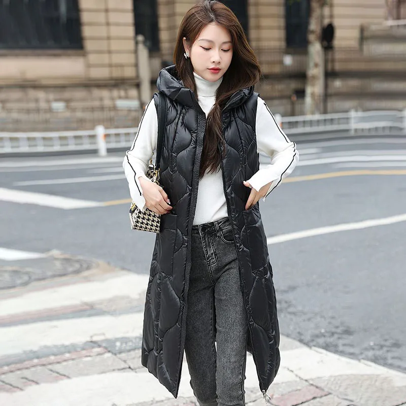 2024 Autumn Winter New Down Cotton-Padded Jacket Vest Women's Overcoat Loose Bright Face Thicke Mid-length Warm Hooded Waistcoat