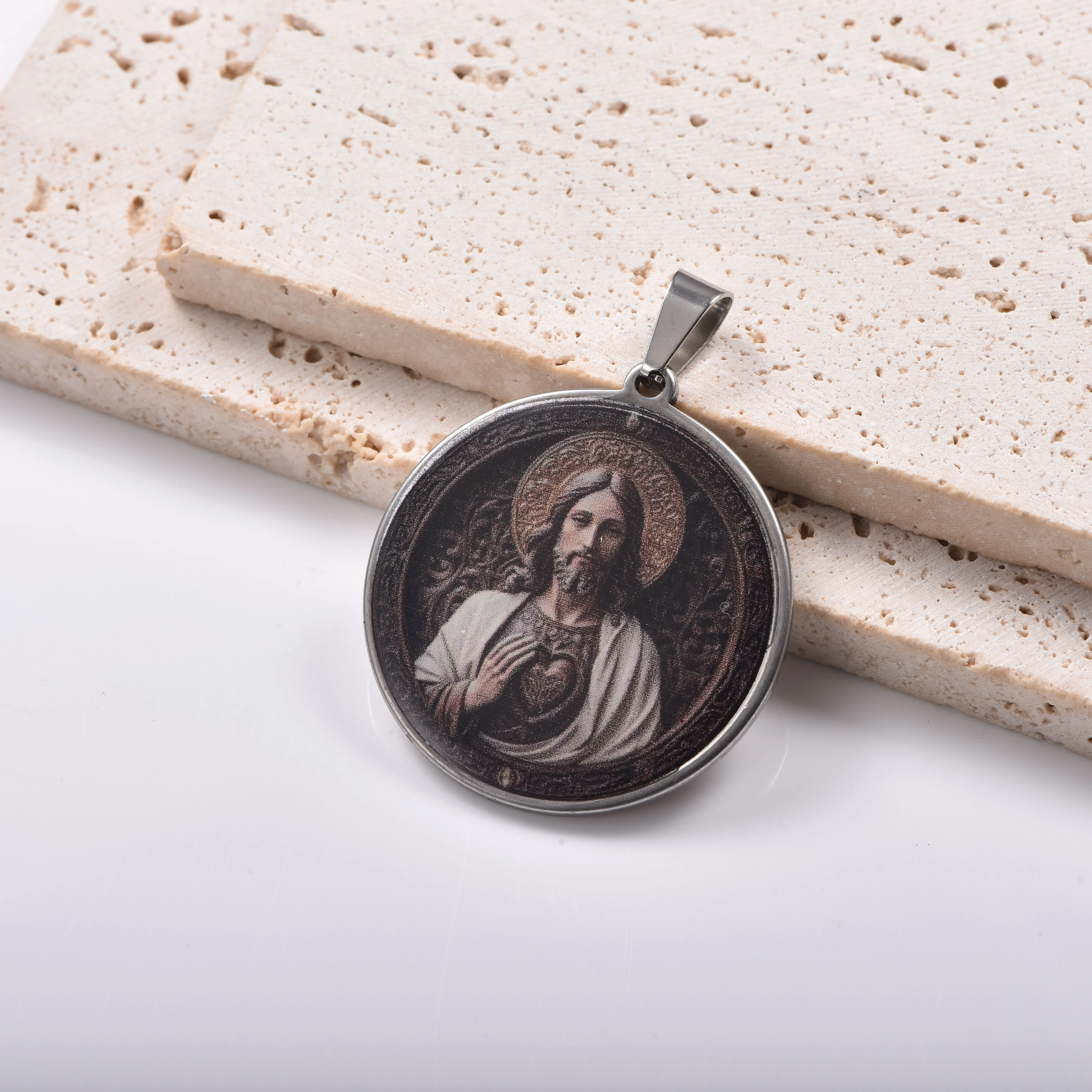 Christlicher religiöser runder Cabochon-Anhänger, Edelstahl-Charm-Halskette, Zubehör, handgefertigte Schmuckherstellungsmaterialien – Detail 3
