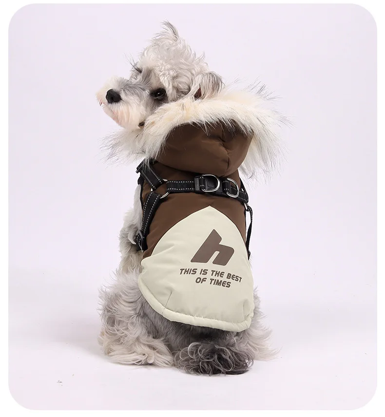 

dog winter vest with harness hooded fleece dog winter jacket windproof outdoor dog coat sportswear pet winter cloth reflective