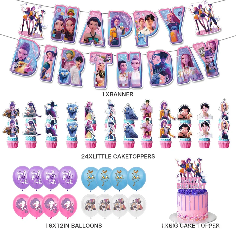 Nuevo Kpop Demon Hunters decoración para fiesta de cumpleaños conjunto de suministros para tarta suministros de bandera decoración personalizada para fiesta de cumpleaños Anime