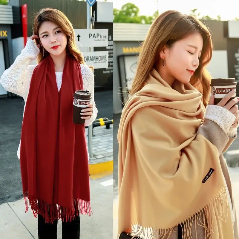 

Fashion Solid Color Women Scarf Winter Hijabs Tessale Tassels Long Lady Shawls Cashmere Like Pashmina Hijabs Scarves Wraps E1195