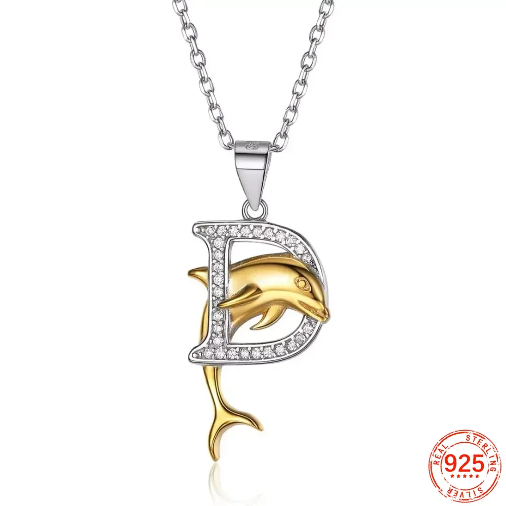 

D Initial Letter Necklace with Dolphin 18K Gold Plated Sterling Silver CZ Alphabet Pendant Necklace QC24