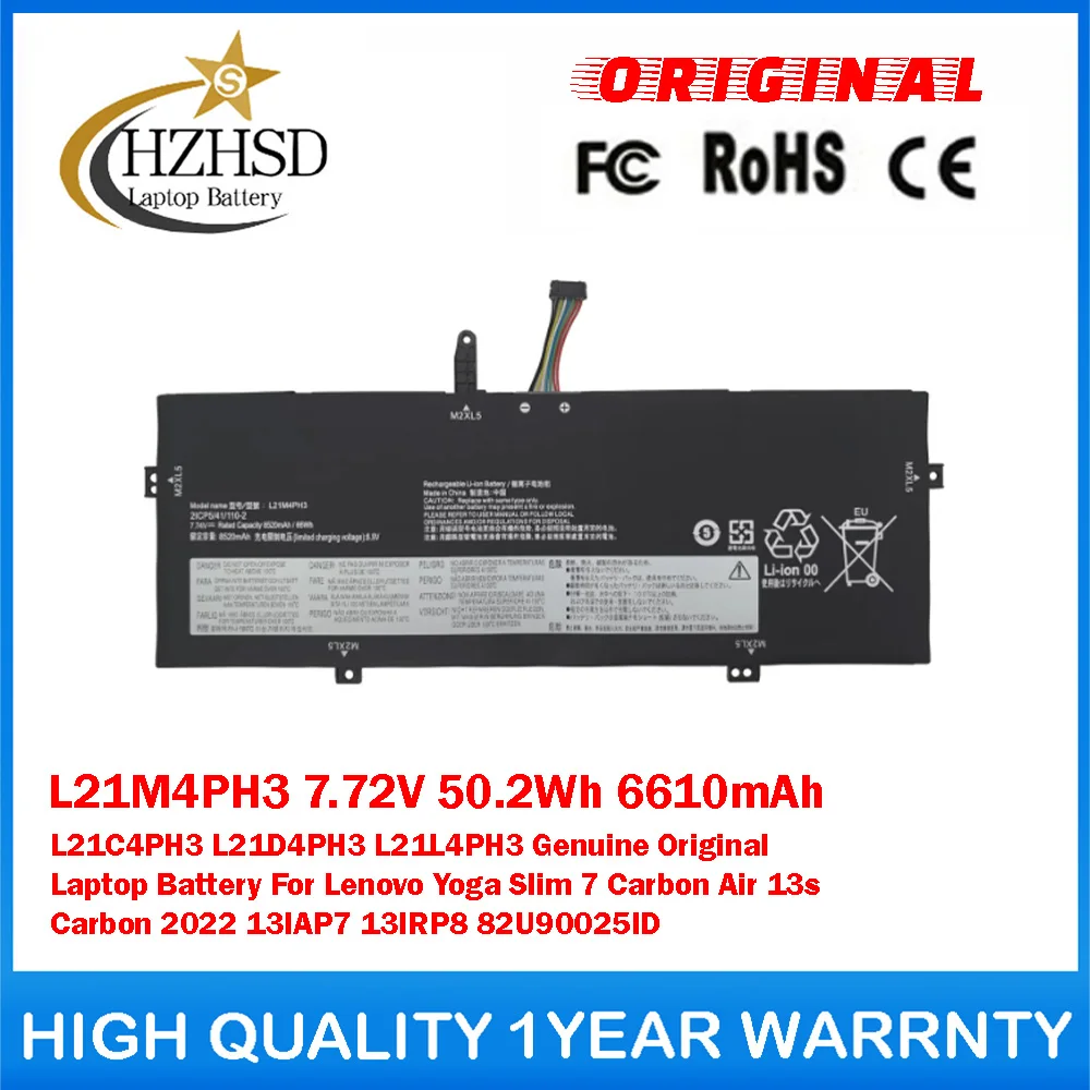 

L21M4PH3 7.72V 50.2Wh 6610mAh L21C4PH3/D4PH3/L4PH3 Genuine Original Laptop Battery For Lenovo Yoga Slim7 Carbon Air13s 22 13IAP7