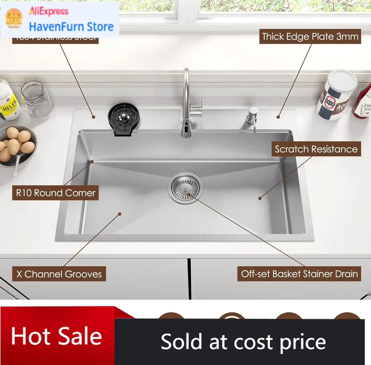 

Activity price33 Inch 22 Inch Kitchen Sink Black Drop In Stainless Steel Single Bowl Workstation Top Mount Sink With Glass Rinse