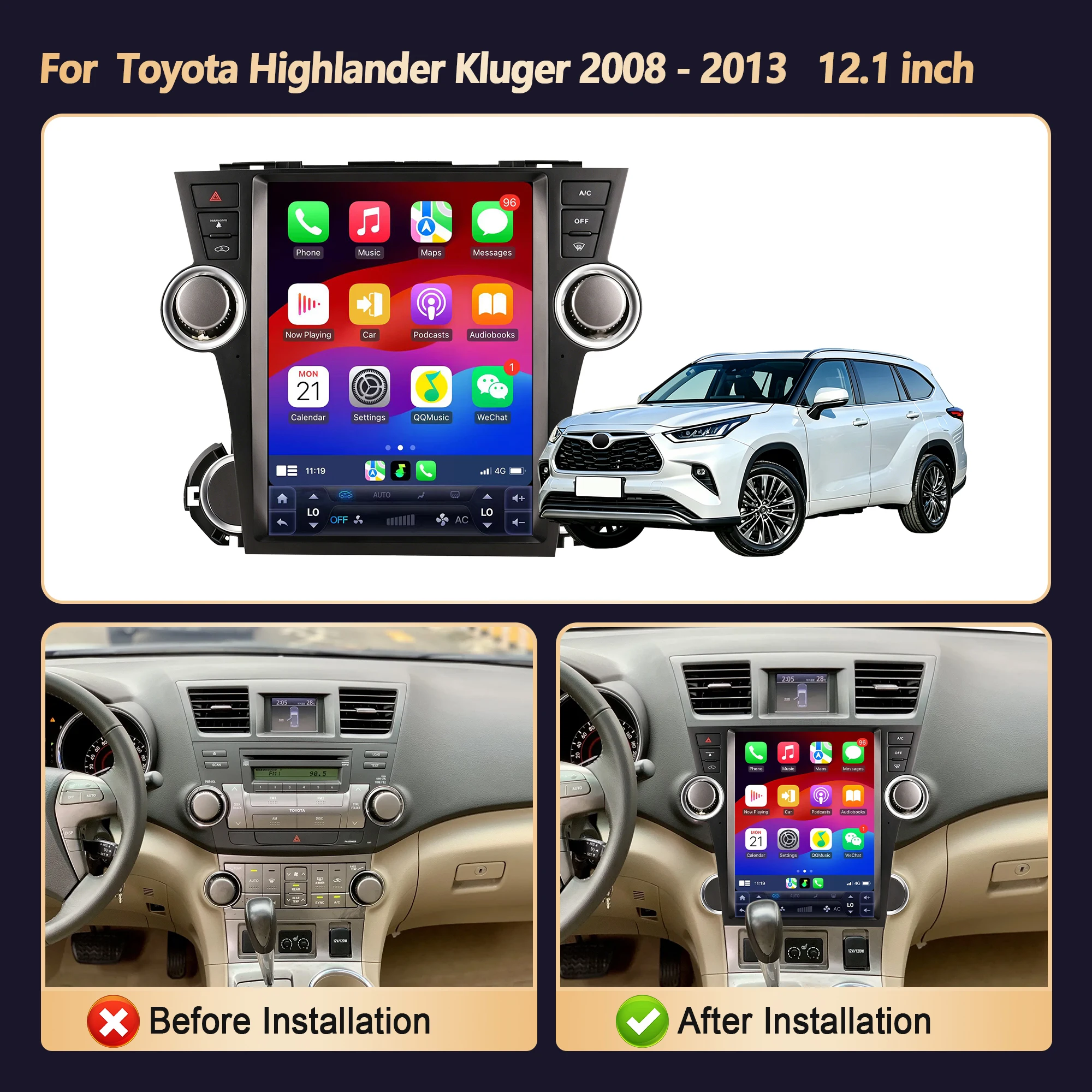 12.1inch Car Radio For Toyota Highlander Kluger 2008 - 2013 4G Head Unit Wireless Bluetooth CarPlay Touch Screen Stereo