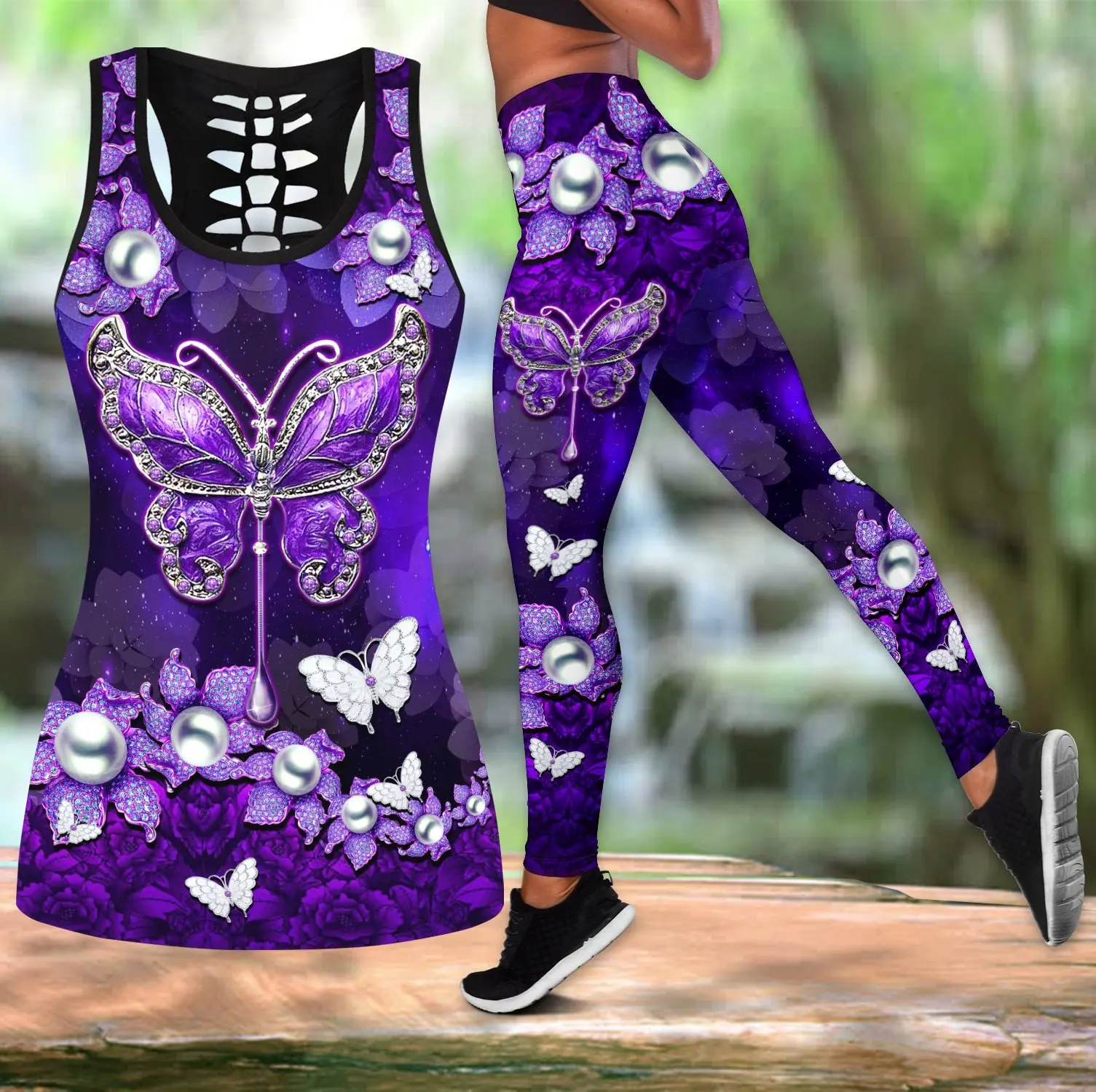 PLstar Cosmos Butterfly 3D-gedrucktes hohles Tanktop und Leggings-Set für Damen in voller Länge, Fitness, Yoga, Laufhose KBX04