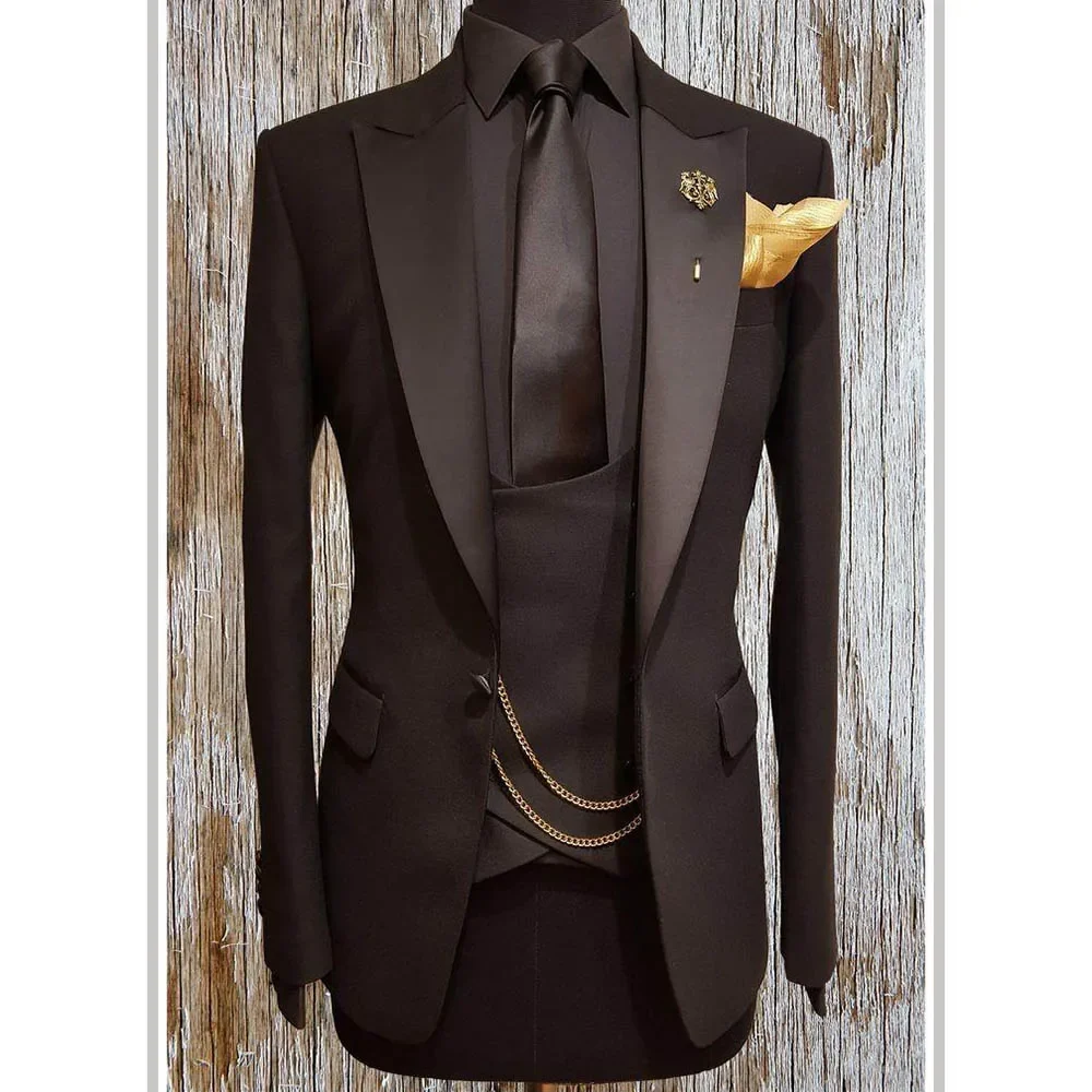 Classic Black Men Suits Fashion Causal Wedding Groom Tuxedo Slim 3 Piece Set Peak Lapel Male Suit (Jacket+Vest+Pants) 2024