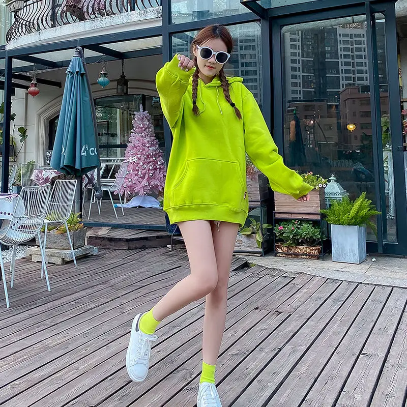 

DAYIFUN-Women's Loose Pullover Sweatshirt with Pocket Long Sleeve Hooded Top Monochromatic Hoodies Female Clothing Spring Autumn