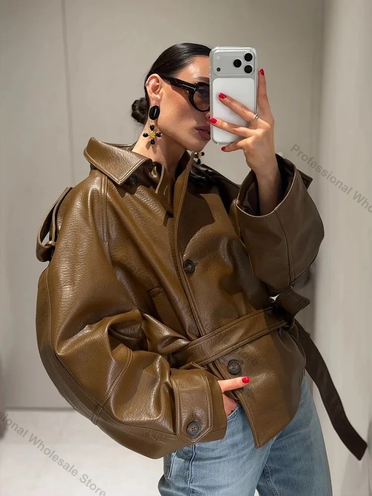 Womens Faux Leather Blazer Open Front PU Leather Jacket Brown Leatherette Coat Y2k Women's Fashion Multi Pocket Y2K Vintage Coat