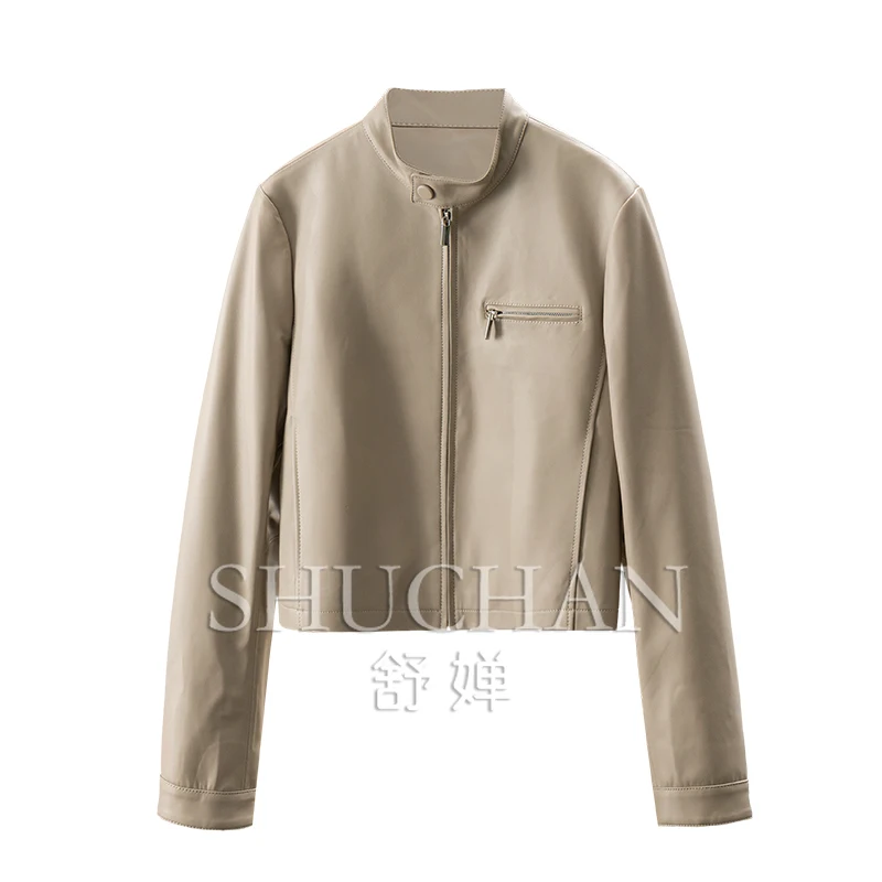 Locomotive Wind Cabinet Lightly Painted Sheepskin Stand-up Collar Jacket Leather Jacket Short Coat Women 14E4
