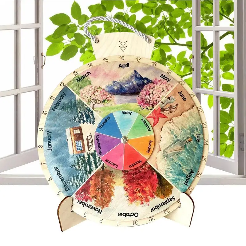 

Seasons Perpetual Calendar Wooden Calendar Wall Rotary Wheel All-Season Room Ornaments With Clear Printing For Study Room