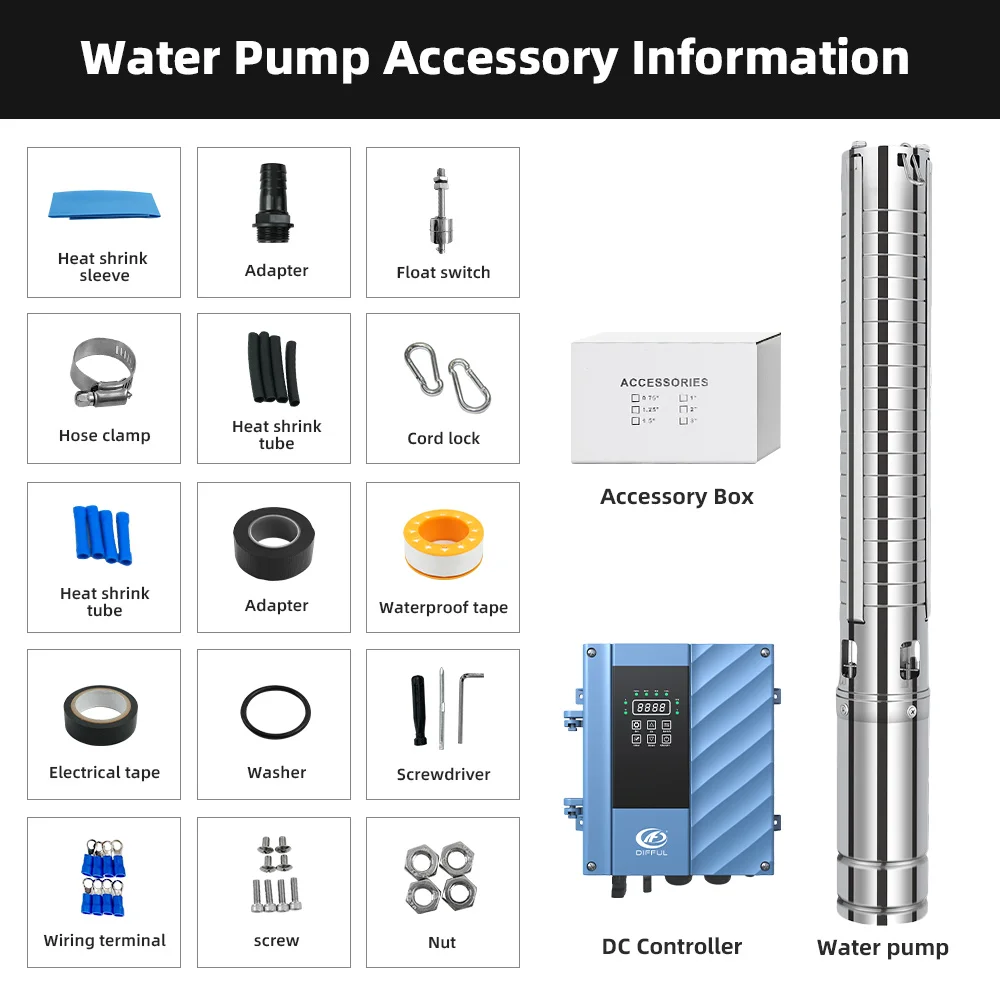DIFFUL Solar Powered Water Pump Kit, 3 inch 750W 95M Head AC/DC Stainless Steel With MPPT Control Brushless Motor For Sprinklers