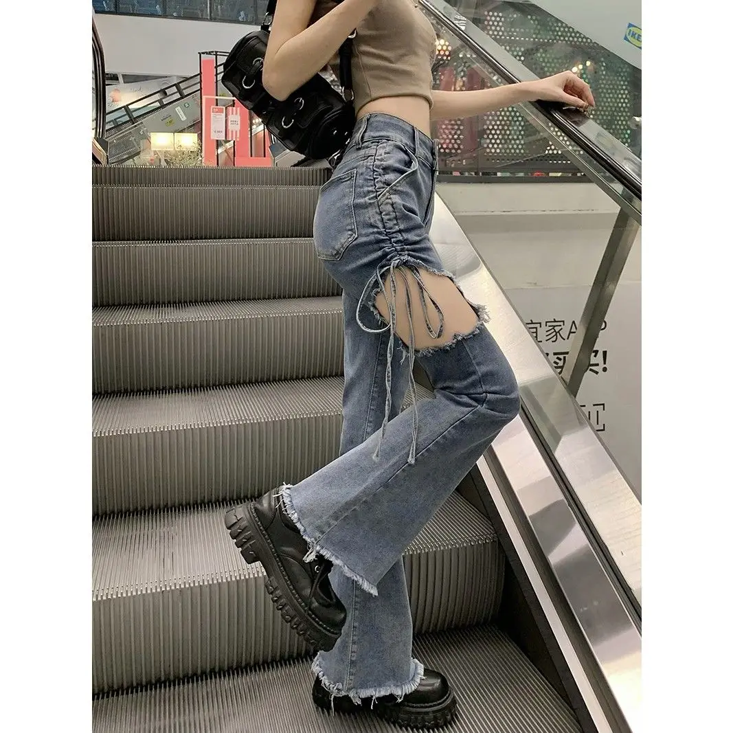 

Jeans Woman Retro Holes Flash Summertime Thin Drawstring High Waist Appears Sense of Design Hot Chick Micro-flared Trousers