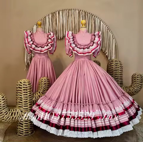 Custom Pink Ethnic Style Ball Gown Floral Print Spanish Mexican Dress High Neck Evening Gown Special Occasion Dress