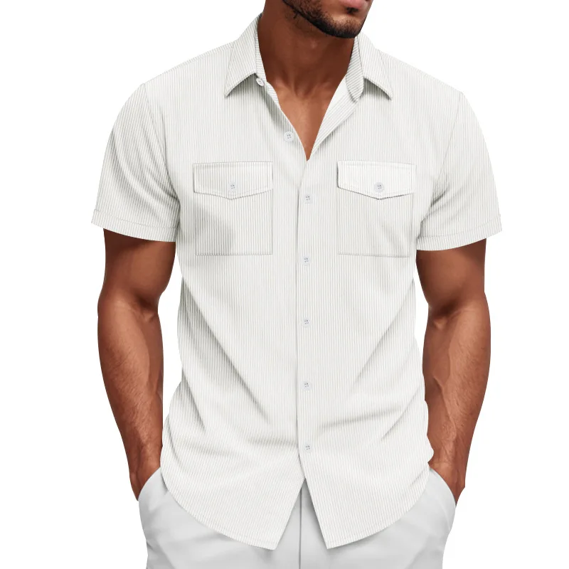 Men Lapel Corduroy Work Shirt Heavy Fabric Loose Fit Casual Outdoor Short Sleeve Tops for Summer Daily Wear