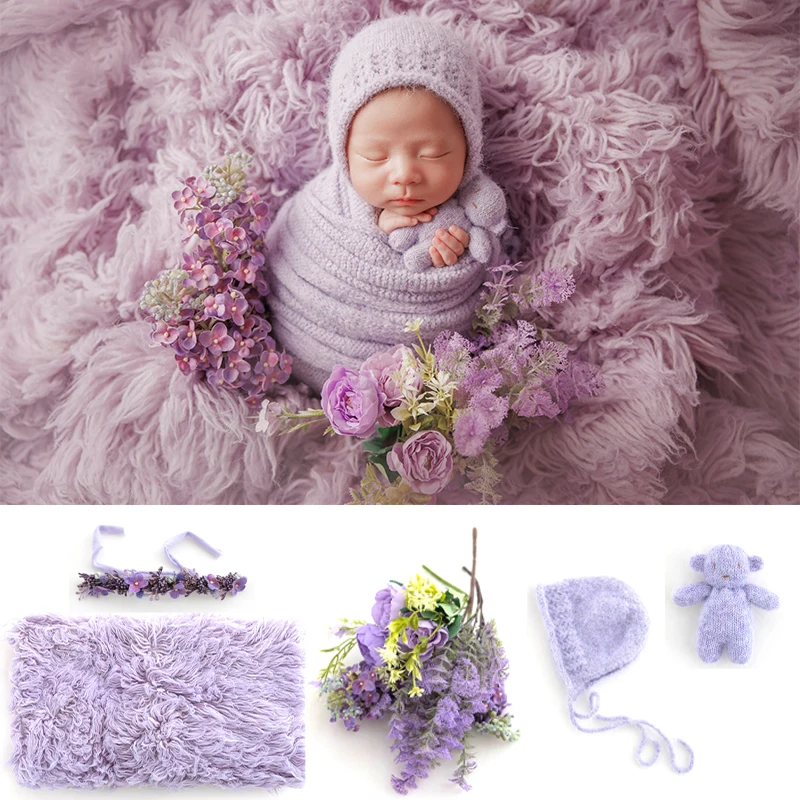 Newborn Photography Props Skin-Friendly Wrap Hat Purple Set Classy Flokati Blanket Baby Shoot Background Mat Studio Accessories