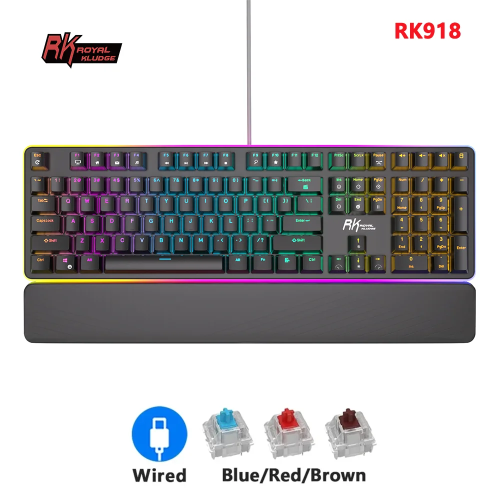 RK ROYAL KLUDGE RK918 Wired Mechanical Keyboard 108 Keys 100% RGB Backlit Gaming Keyboard with Large LED Sorrounding Side Lamp