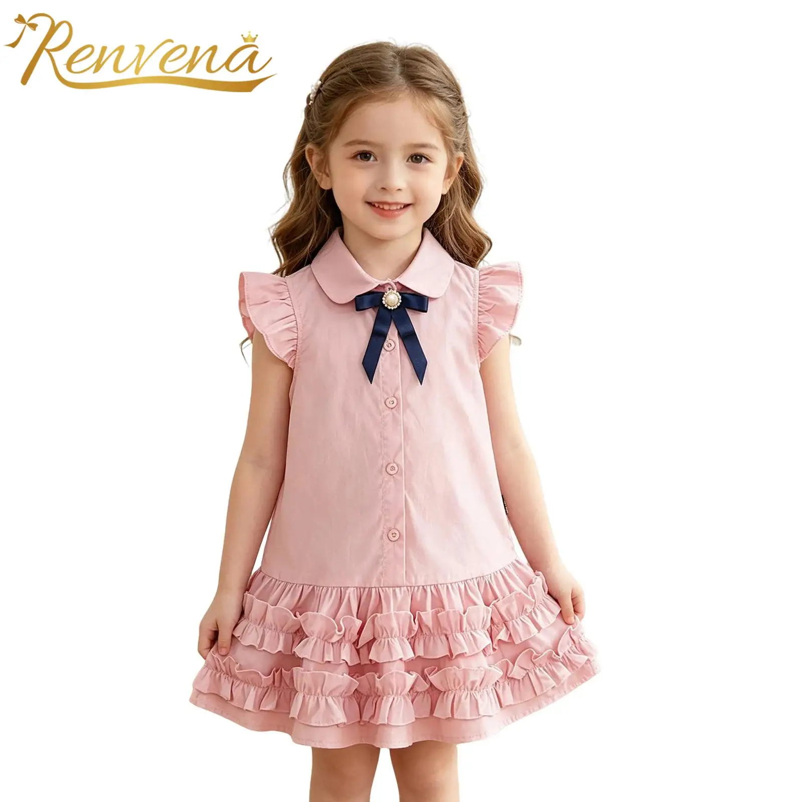 

Kids Summer Daily Wear Girls College Style Casual Dress Fly Sleeve Tiered Ruffled Trim Lapel Solid Color Dress