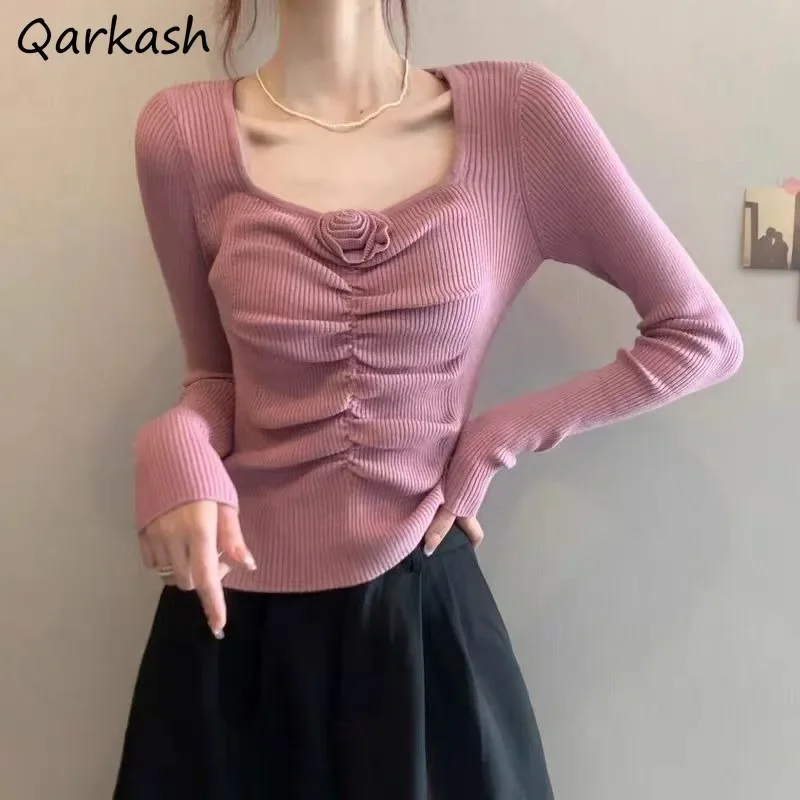 Square Neck Pullover Women Slim Sweet Design 3d Print Pleated Solid Simple Sweater Office Ladies Basic Long Sleeve Gentle Cozy