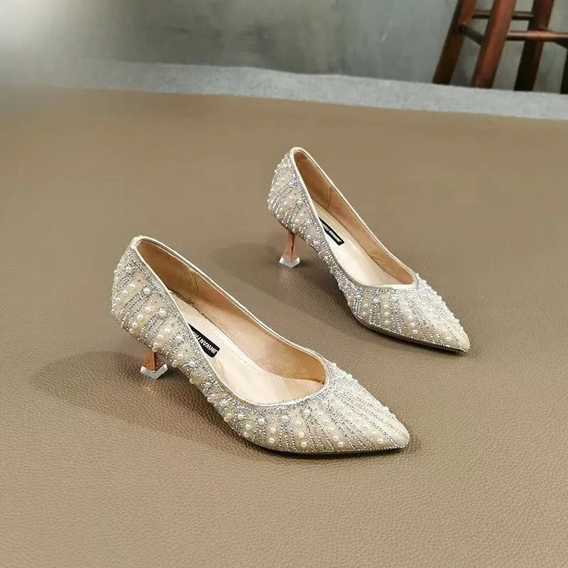 2026 New Elegant Goddess Pointed Toe Pearl High Heels French Stiletto Single Shoes