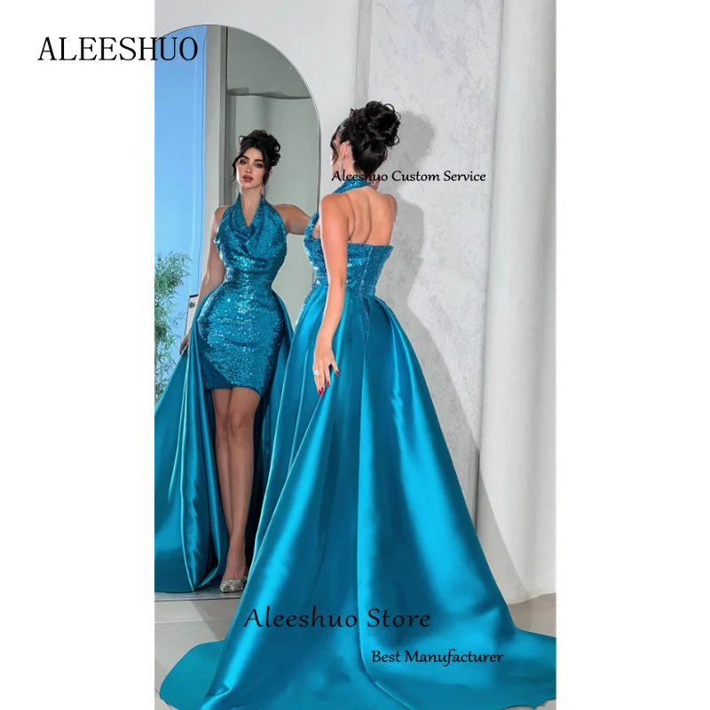 الحديثة الأزرق عالية/منخفضة الساتان حورية البحر فساتين لحضور الحفلات الموسيقية مثير الرسن بلا أكمام فساتين الحفلات مطوي الخامس الرقبة مطرزة Vestidos مخصصة