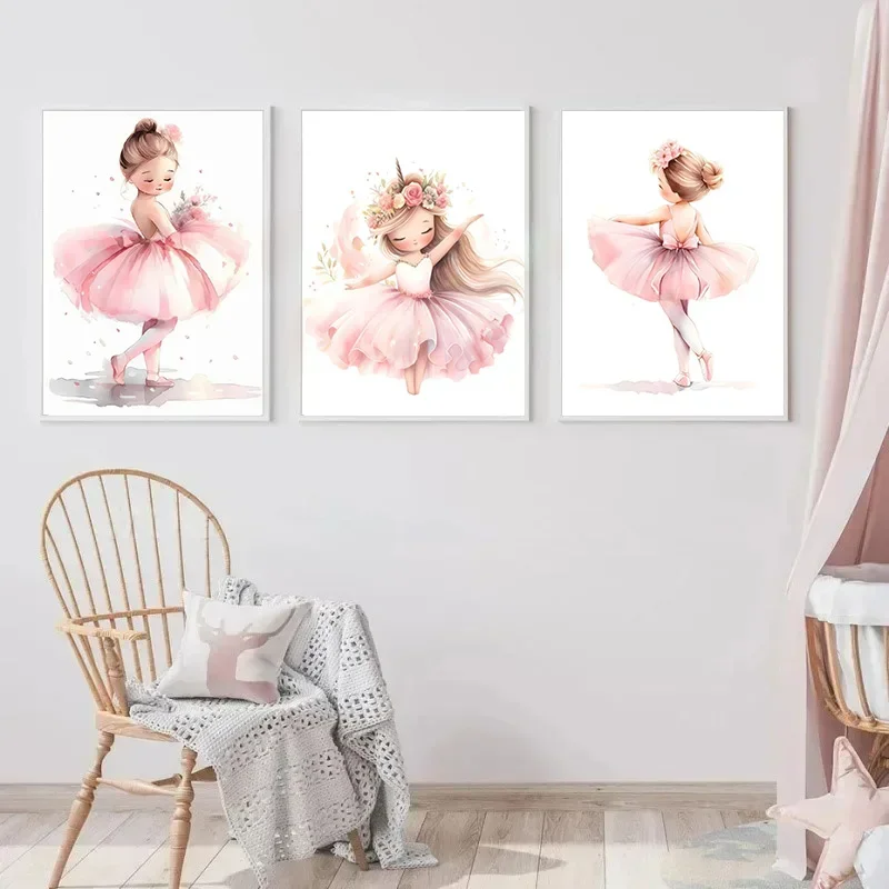 Aangepaste naam roze muur kunst canvas schilderijen ballerina meisje eenhoorn vlinder kinderkamer decor kinderkamer poster foto's muur decor