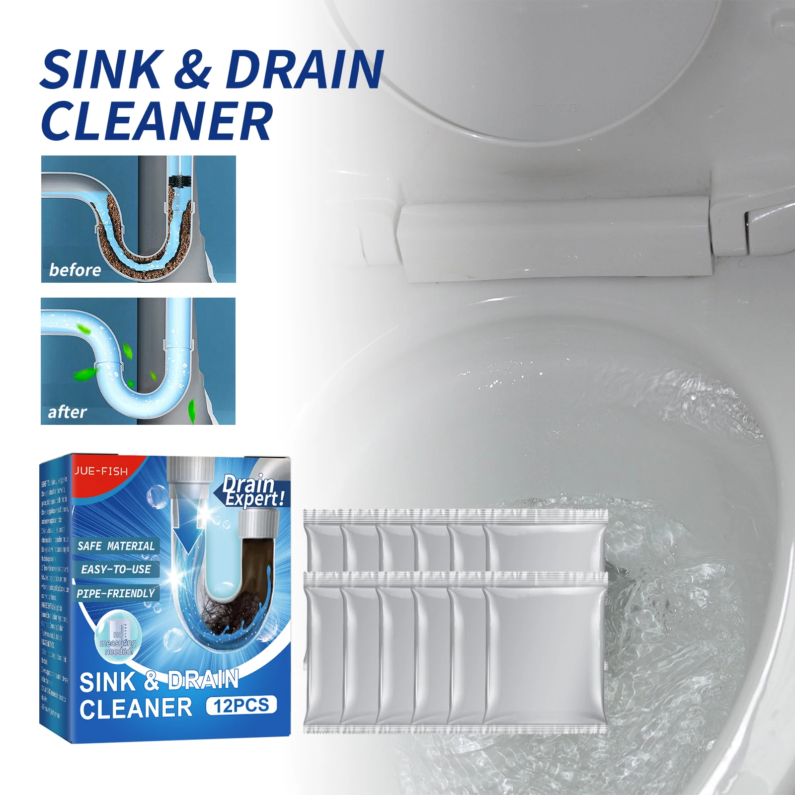 Powerful Sink Drain Cleaner Powder 12Pcs Fast Foaming Pipe Dredge Agent Dissolve Hair Grease Prevent Blockage Deodorizer For Home Kitchen Bathroom Toilet