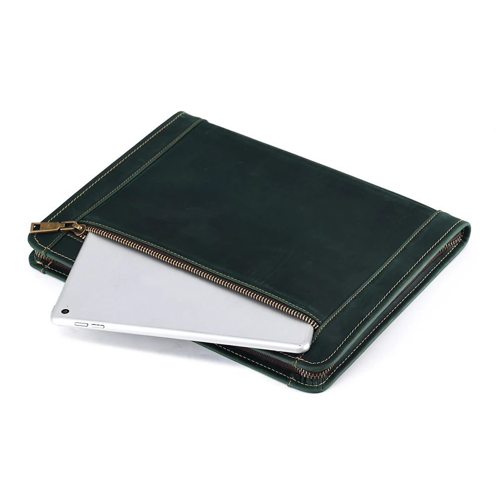 JOYIR-portafolio de cuero de vaca genuino con cremallera, carpeta de archivos, estuche de negocios, bolsa organizadora para IPad A6, portatarjetas