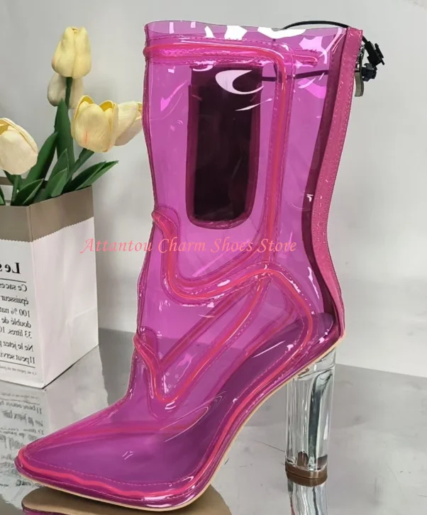 Transparent PVC LED Light-Up Women Ankle Boots Fashion Chunky Heel Pointed Toe Stage Party Boots Sexy Lady Candy Color Boots