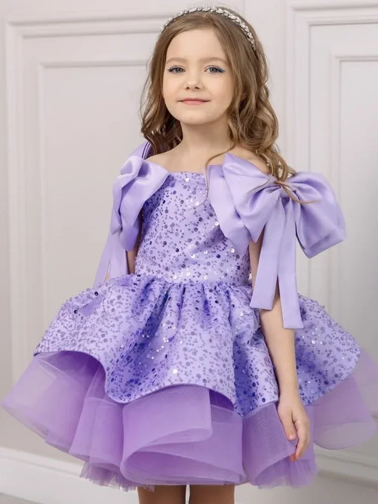 Roze bloemenmeisje jurk tule pailletten met strik mouwloos voor bruiloft prom verjaardagsfeestje banket heilige communie jurk aangepast