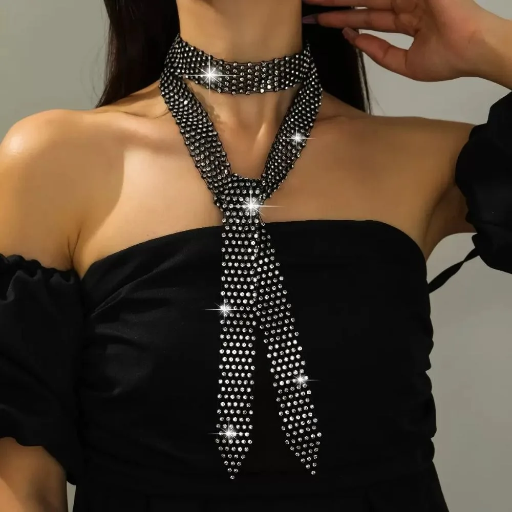 

Chic Korean Rhinestone Necktie Black Alloy Long Necklace Dazzling Harajuku Style Decoration Shirt Tie Women