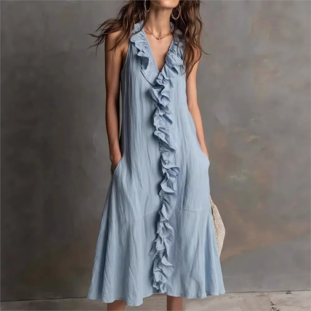

Large Hem Ruffle Dress Women's Summer New Solid Color Sleeveless Cotton Linen Sexy V-neck Long Dress With Pockets Vestidos