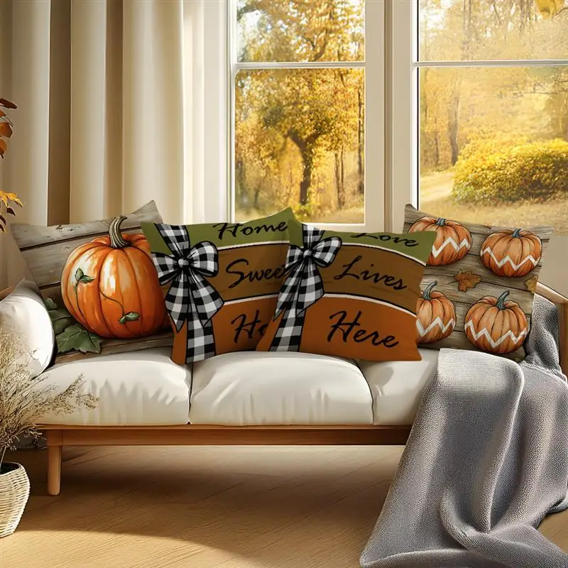 Retro Wood Grain Pumpkin Illustration Decorative Cushions Pillowcase Autumn Cushion Cover Throw Pillow Sofa Pillowcover Decor