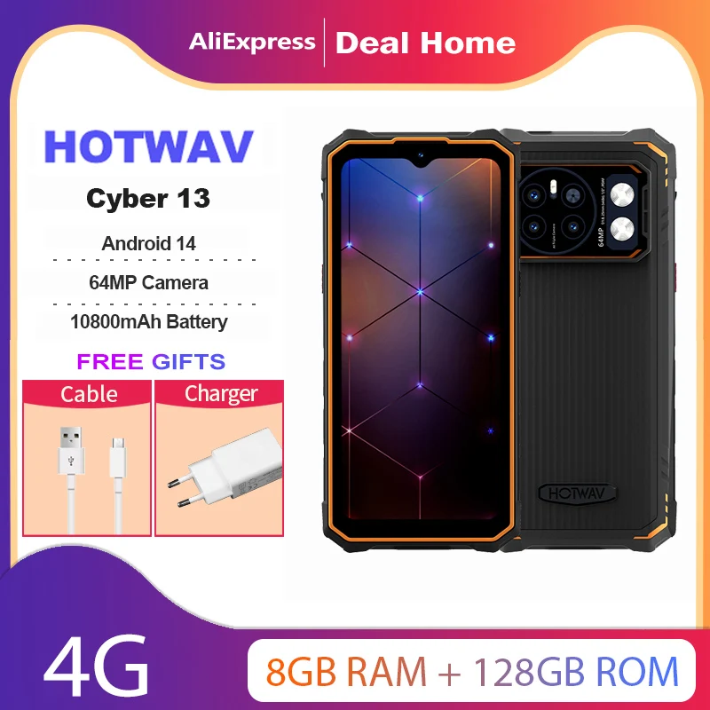 HOTWAV CYBER 13 Smartphone robuste 8GB + 128GB 6.6 pouces FHD + 2K 150LM lampe de poche 10800mAh batterie 64MP cam�ra Android 14 t�l�phone portable