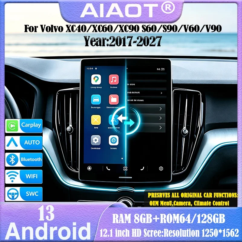 for 12.1 inch Volvo XC40/XC60/XC90/S60/S90/V60/V90 CarPlay Android radio smart screen with GPS smart features multimedia player