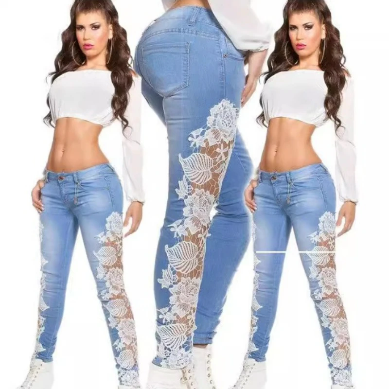 

Pencil Pants Jeans Women Sexy Hollow Out Denim Pant Hole Pockets Mid Waist Washed Button Lace Spliced Mom Lady Slight Strech