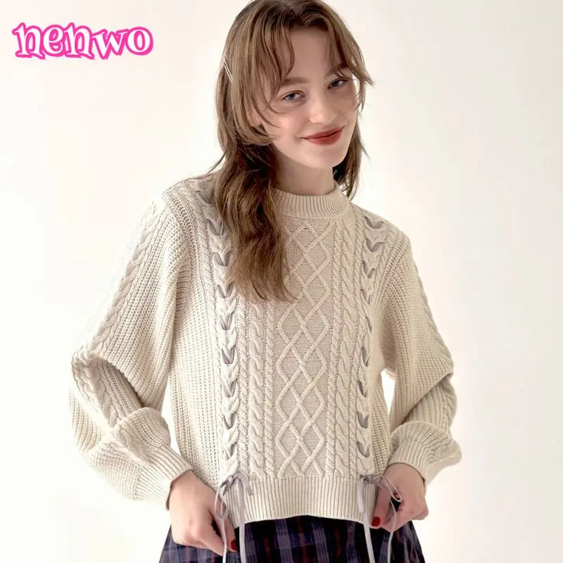 

2025 New Winter Sweater Japanese Sweet Versatile Tie Bow Braided Short Knitted Sweater Solid Inner Outer Pullover Sweater Women