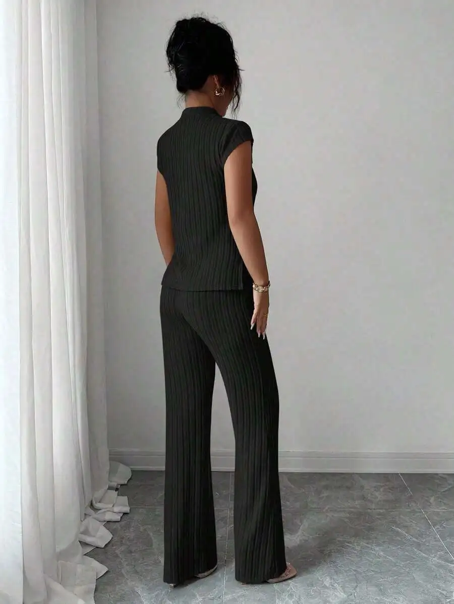 

2Pcs Casual Elegant Ribbed Set Short Sleeve Top And Wide Leg Pants