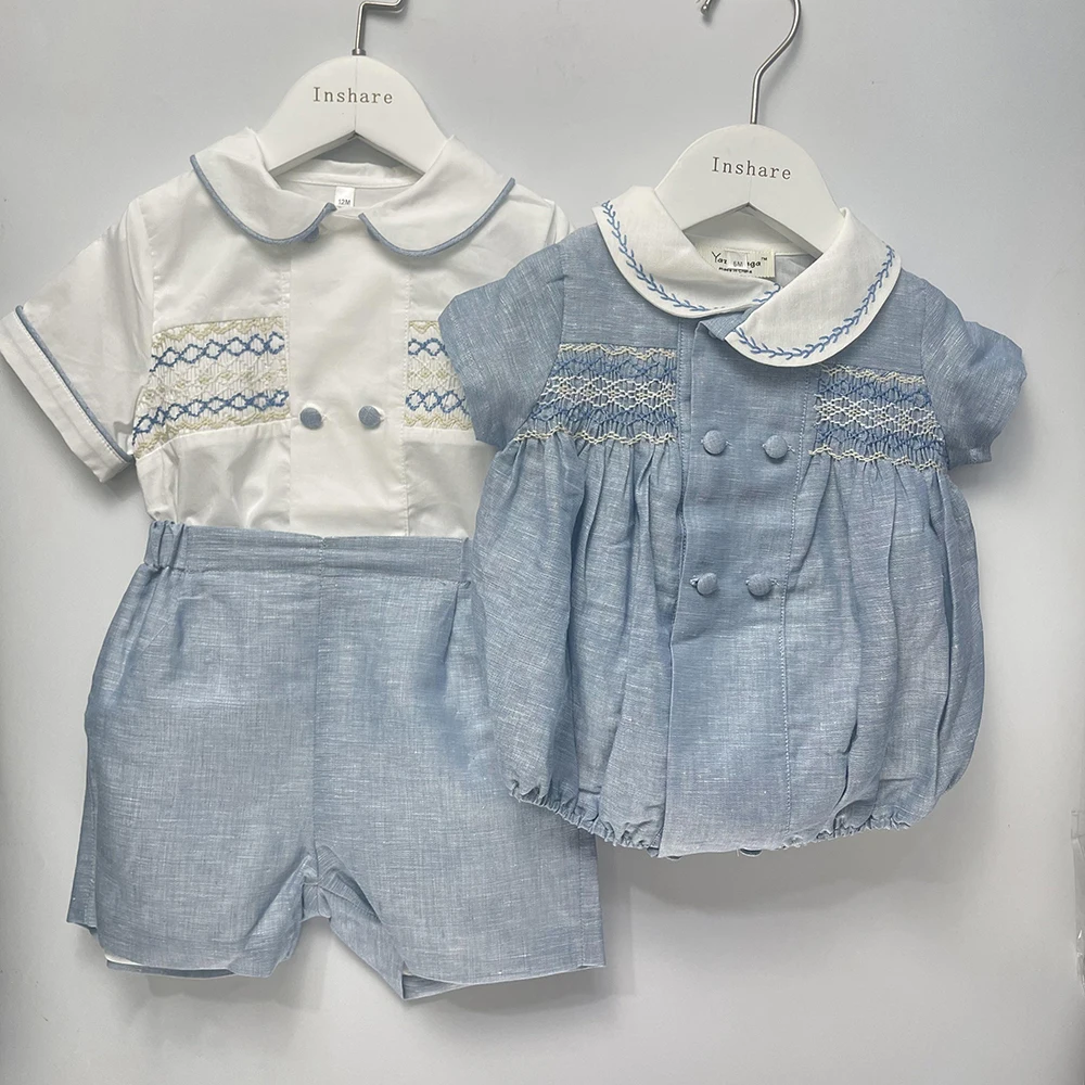 Children Boutique Clothing Boy Handmade Smocked Embroidered Set Blue Cotton Short Sleeves Siblings Outfit Christening Birthday