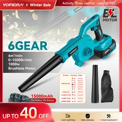 Yofidra Brushless เครื่องเป่าลมไฟฟ้า 6 เกียร์ไร้สายที่มีประสิทธิภาพ Leaf หิมะฝุ่นเป่าทําความสะอาดเครื่องมือสําหรับ Makita 18V แบตเตอรี่