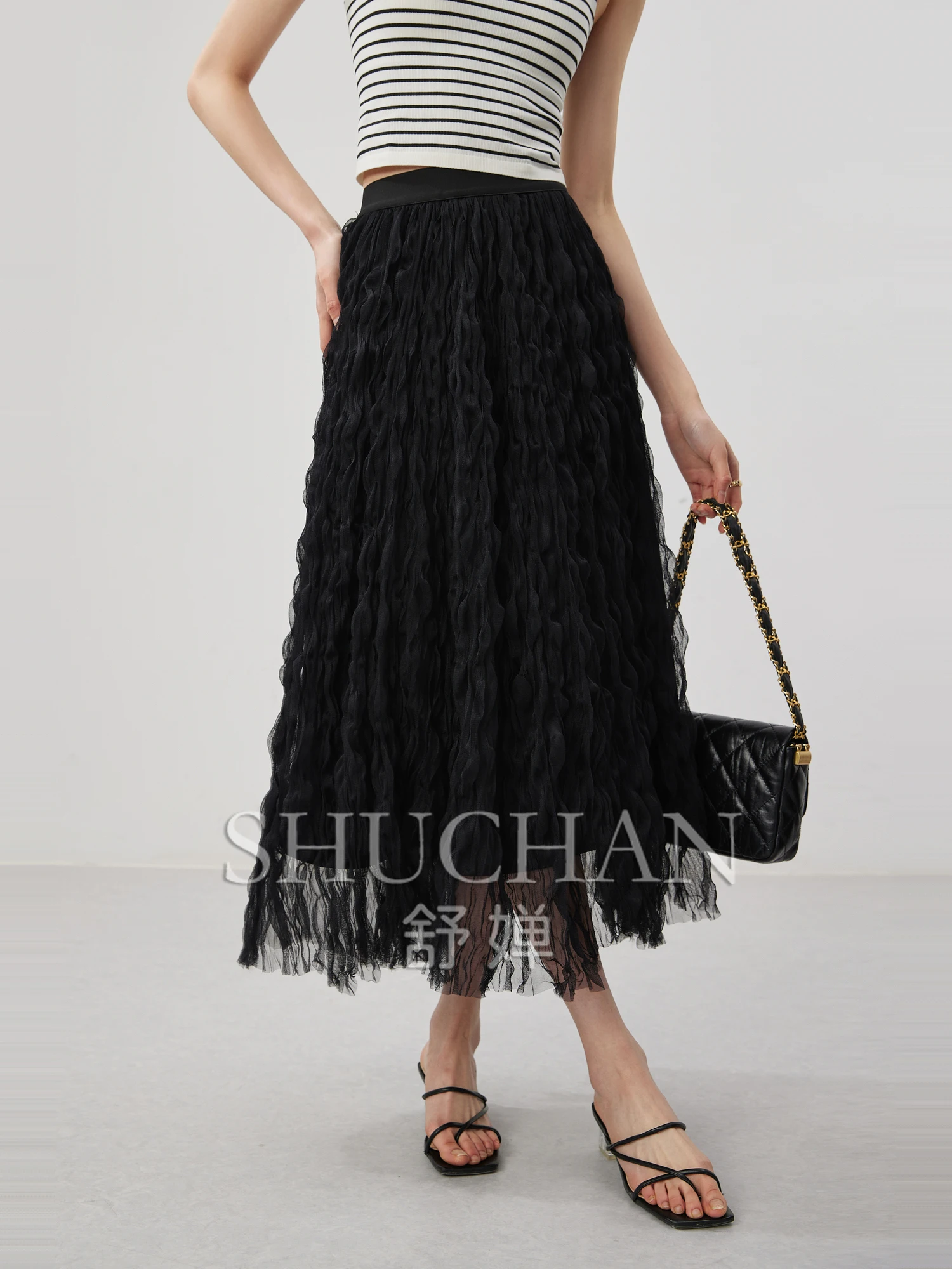 

New French Romantic, Light Dream Double-layer Water Ripple Slightly Wrinkled Texture Mesh Long Skirt Women