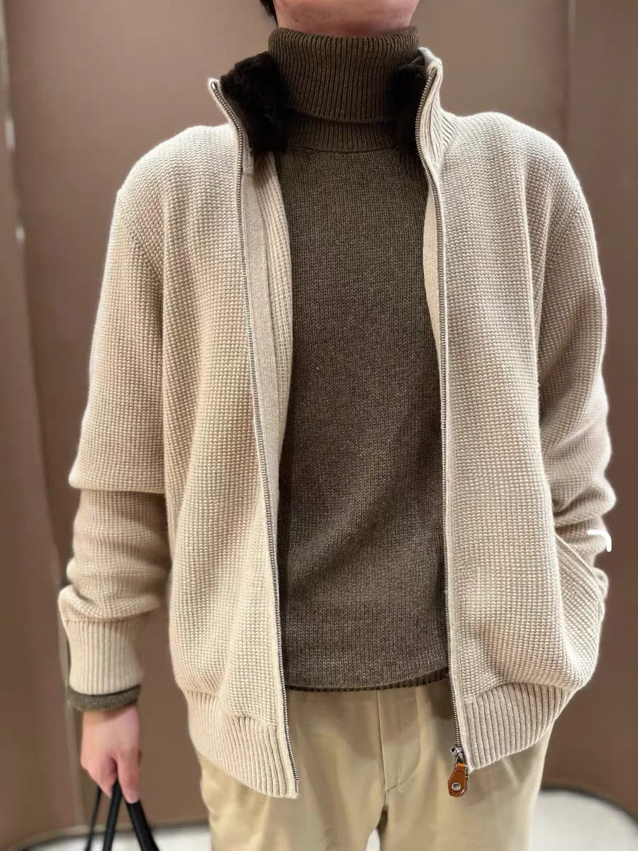 

Italian Sle Luxury Men's Woolen Sweater Autumn Winter Zipper Cardigan Stand Collar Patchwork Vintage Faion Outerwear