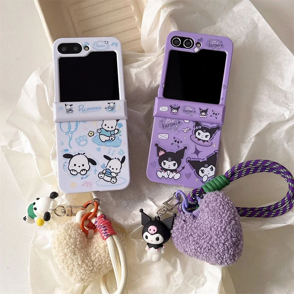 

Cute Sanrios Pochacco Kuromi with Lanyard Phone Case for Samsung Galaxy Z Flip 3 4 5 6 5G PC Hard Anti-drop Candy Shells Fundas