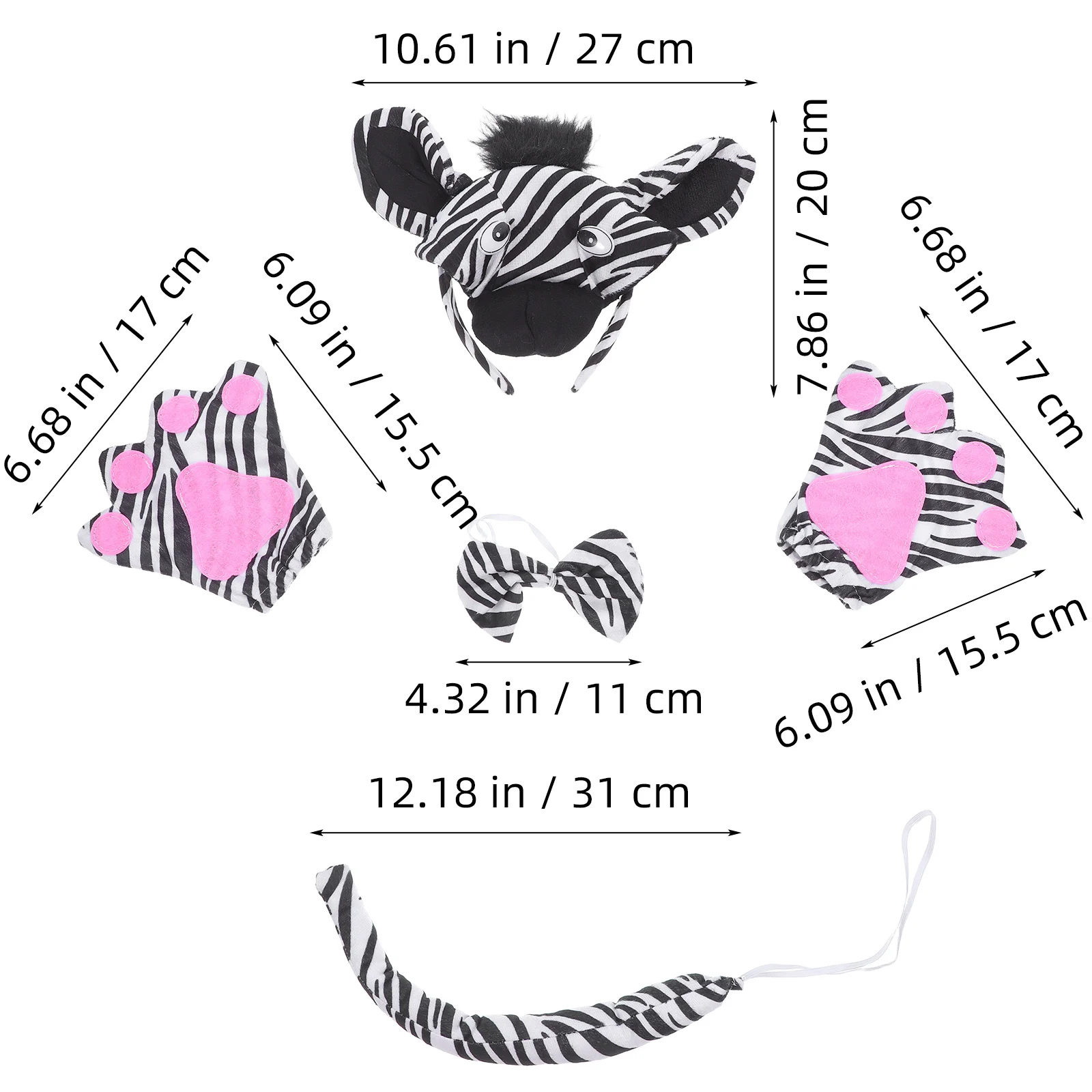 1 zestaw Kostium Zebry Opaska Uszy Ogon Muszka Przebranie Zwierzęcia Impreza Karnawał Halloween Cosplay Kostium na Występ