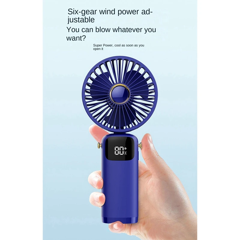 3000Mah Summer Handheld Fan Portable Folding Fan USB Charging High Wind Power Fan With LED Screen For Student Blue