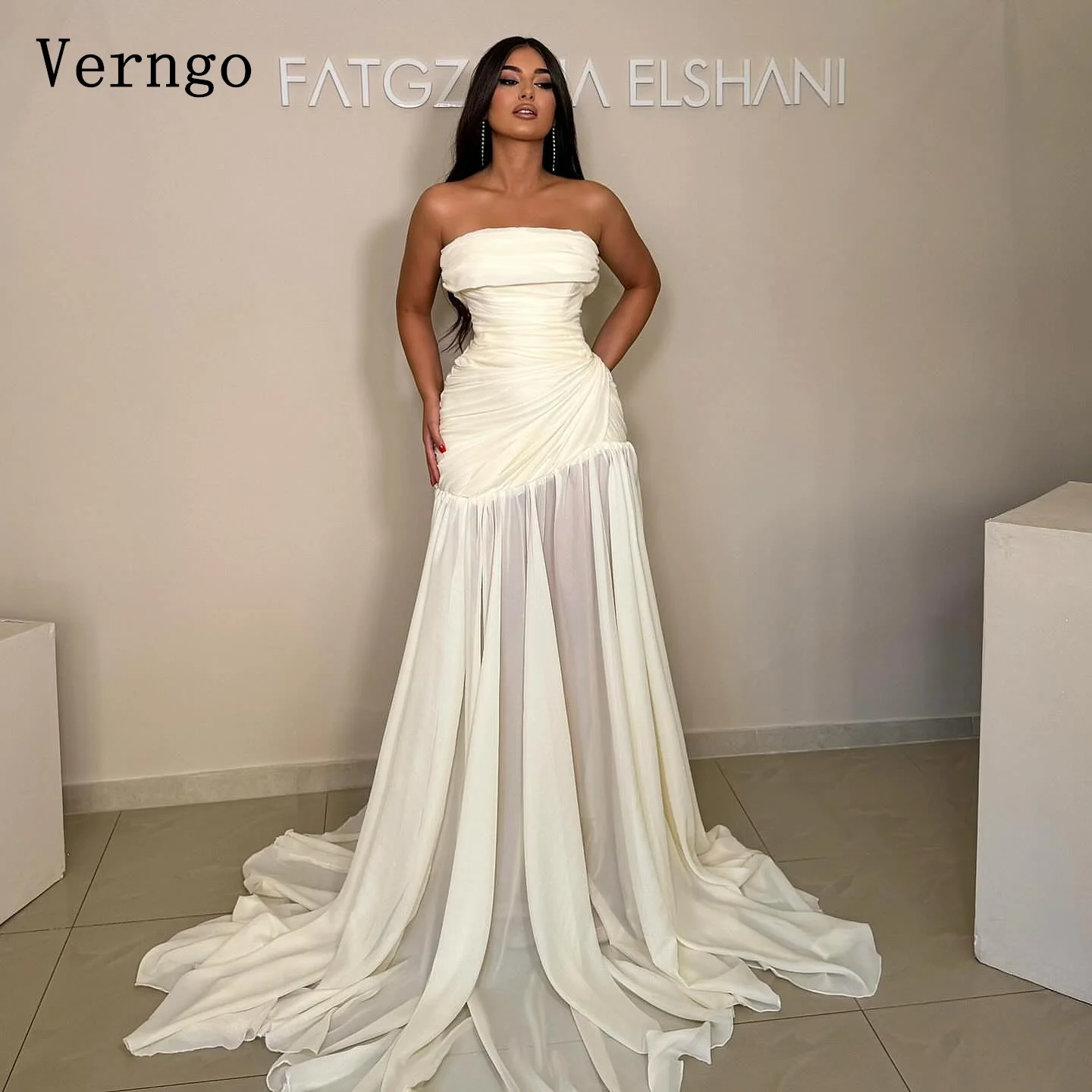 

Verngo Beige Chiffon Prom Gowns Strapless A Line Pleat Formal Occasion Dresses Women Simple Modern Party Dress Customized