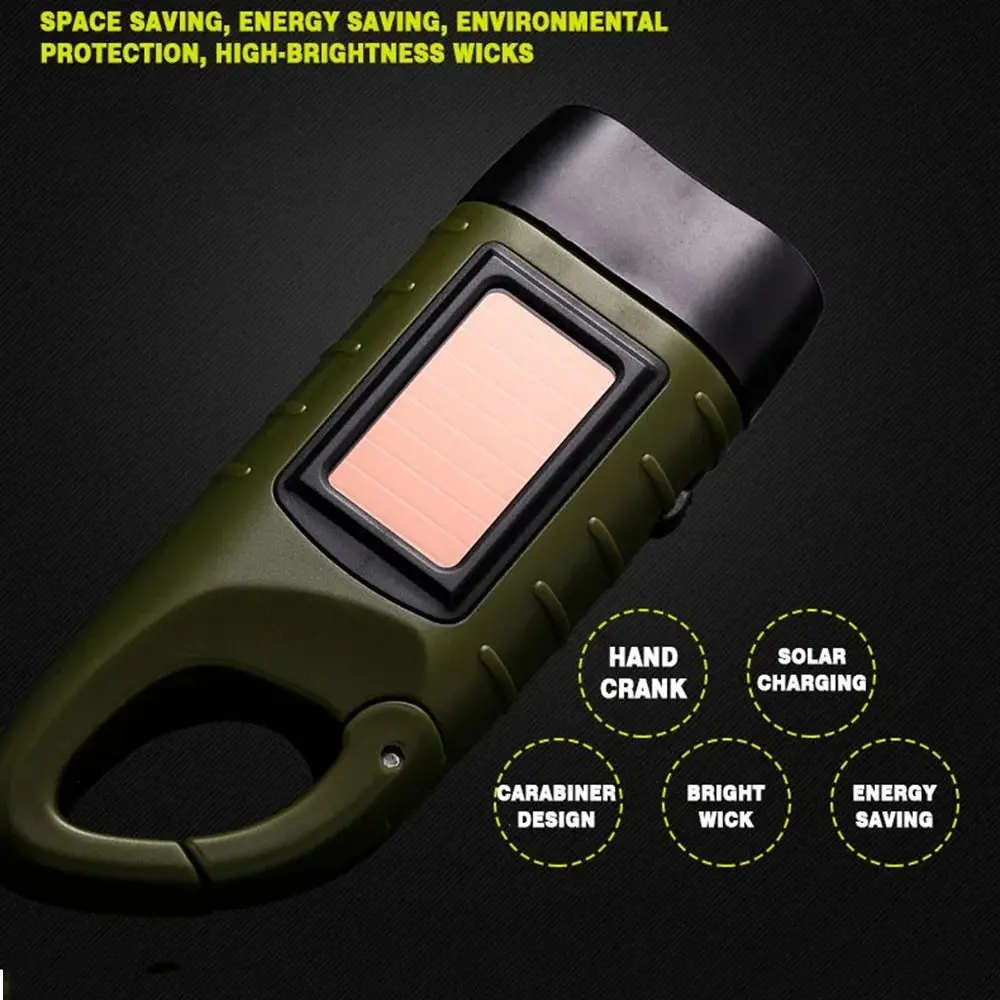 Anti-slip Handle Hand Crank Dynamo Torch 3 LED Bulbs Bright Mini Solar Powered Flashlight Quick Snap Carabiner Convenient