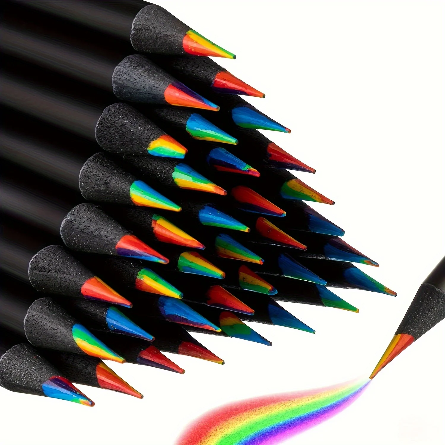 12pcs Colorful Black Wooden Pencils, 7 in 1 Rainbow Colors. Good for Sketching, Doodling, Drawing, Pencil Sharpener as a Gift